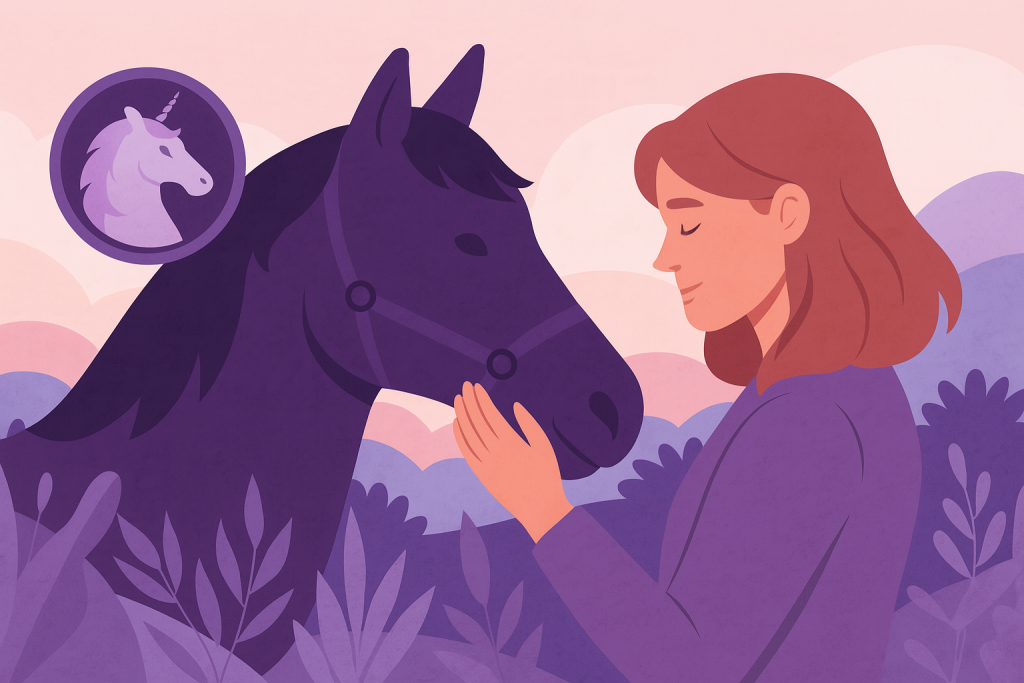 Femme touchant calmement un cheval au cœur d’un paysage pastel avec un insigne de licorne, évoquant l’équicoaching émotionnel.