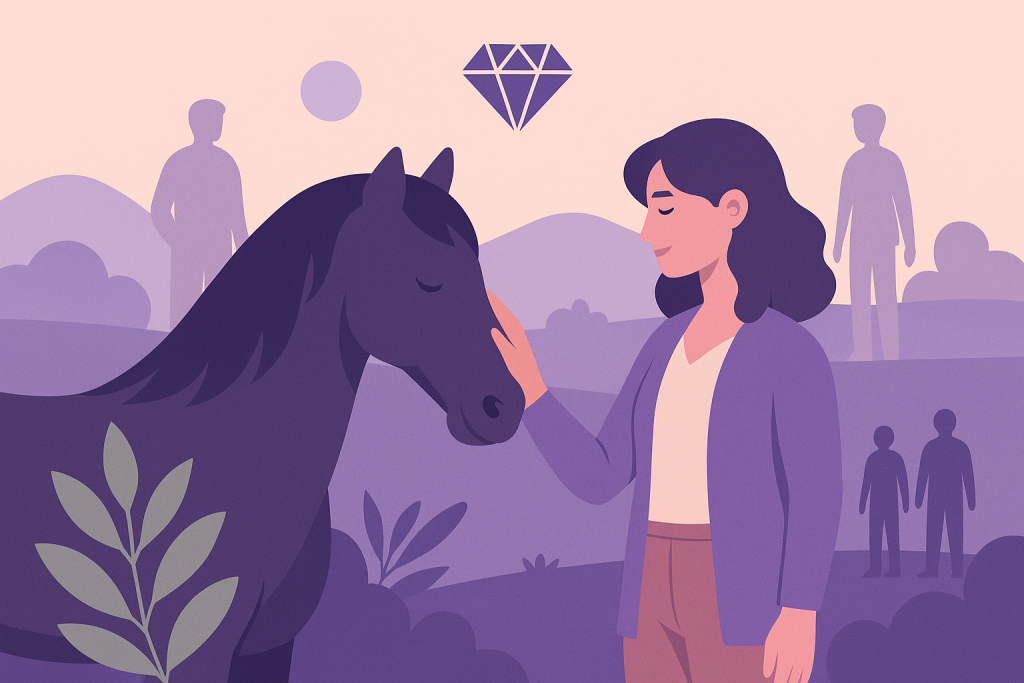Femme caressant un cheval dans un paysage pastel, illustrant l’équicoaching.