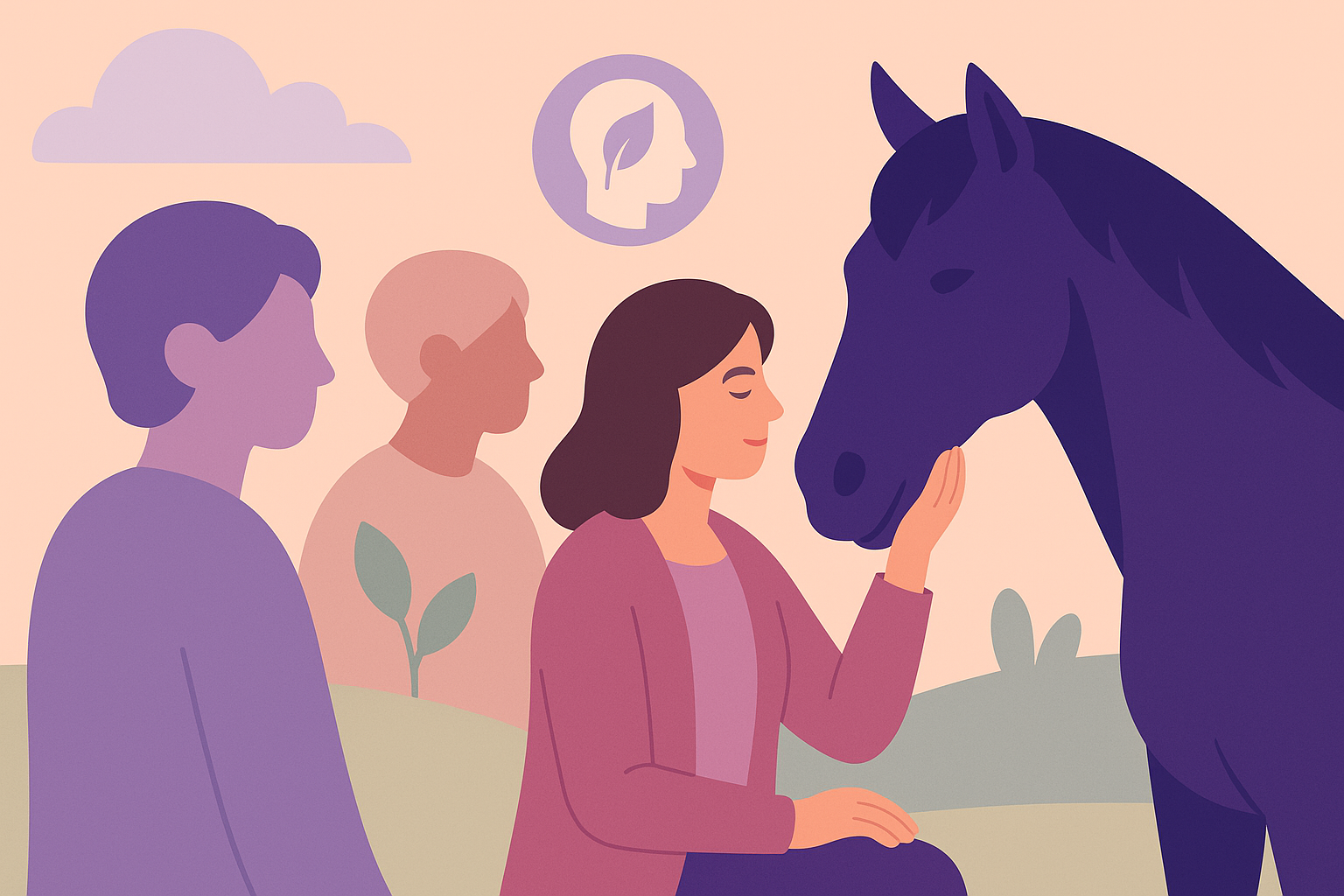 Illustration d’une femme caressant un cheval dans un cadre calme