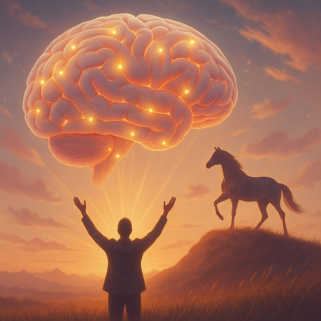 Cerveau lumineux flottant au coucher du soleil, avec un homme levant les bras et un cheval sur une colline, symbolisant l’Histoire de Leadact, la neuroatypie et le leadership authentique.