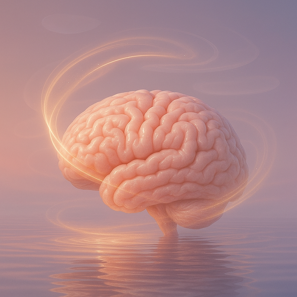 Cerveau flottant dans une atmosphère apaisante, entouré de lumière dorée et d’eau calme, illustrant l’Histoire de Leadact comme un spa cognitif pour le leadership.