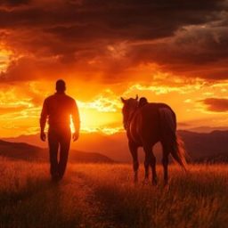 Marche introspective d’un leader avec son cheval au coucher du soleil